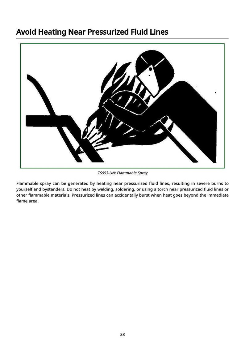 May include: A safety sign with the text "Avoid Heating Near Pressurized Fluid Lines." The image shows a black silhouette of a person welding near a pipe, with flames. The text "TS953-UN: Flammable Spray" is also present.