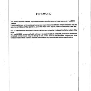 May include: A printed manual page with the title "FOREWORD" at the top and in the center. The text provides information about repair services for LANDINI tractors, intended for workshop foremen and mechanics.