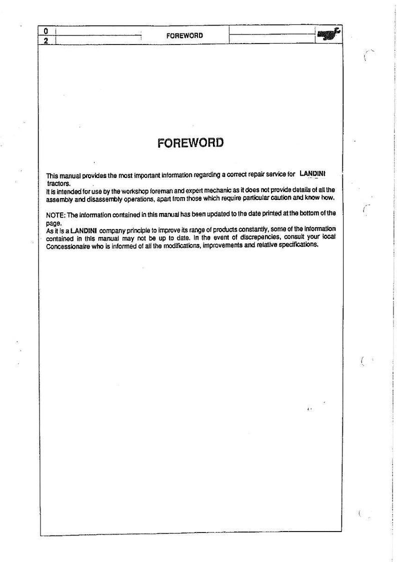 May include: A printed manual page with the title "FOREWORD" at the top and in the center. The text provides information about repair services for LANDINI tractors, intended for workshop foremen and mechanics.