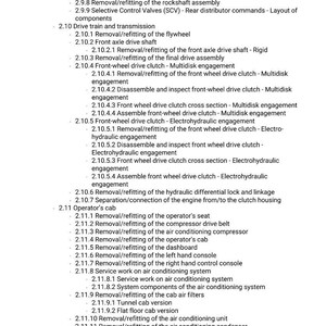 May include: A detailed list of mechanical procedures and components, including removal and refitting instructions for various parts like the hydraulic pump, hitch valve, and front-wheel drive clutch. The text is organized in a numbered format.