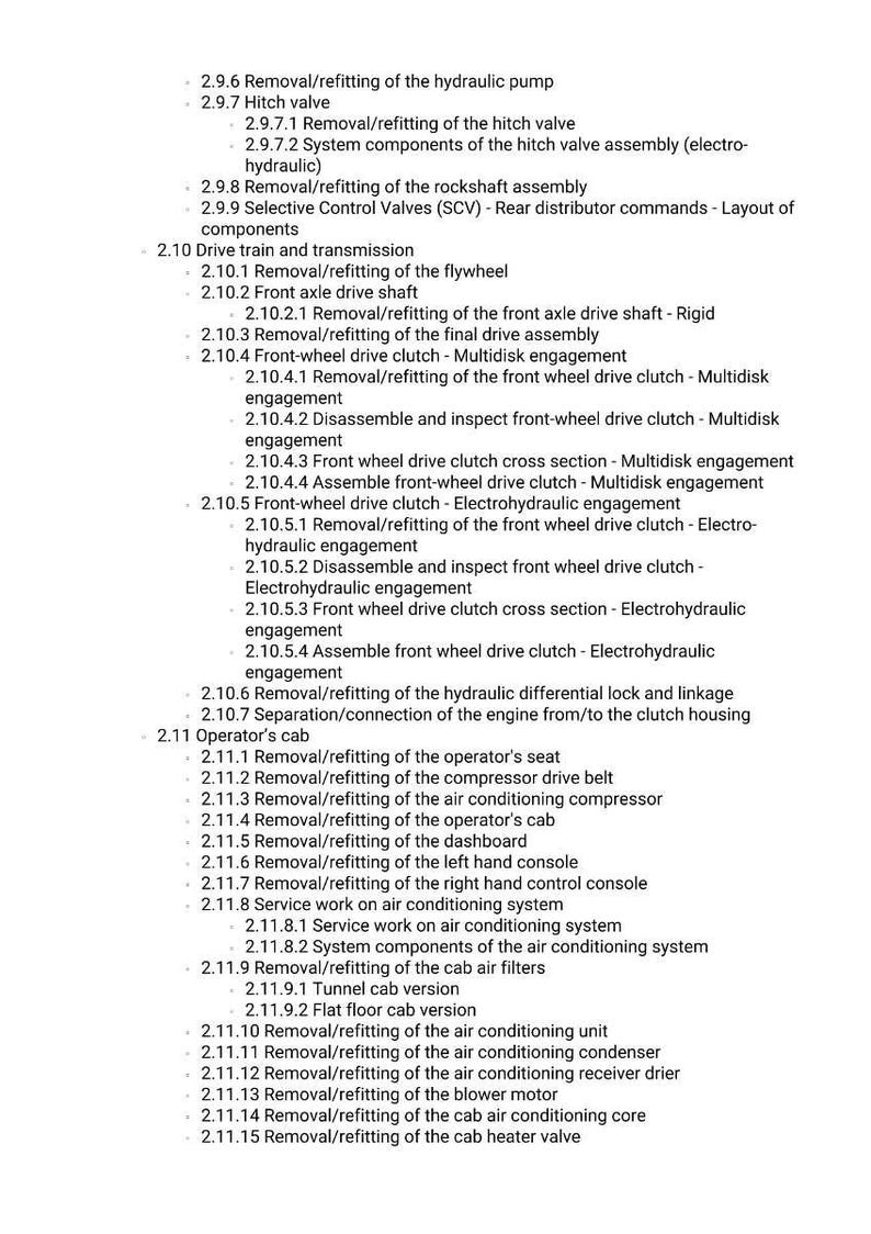 May include: A detailed list of mechanical procedures and components, including removal and refitting instructions for various parts like the hydraulic pump, hitch valve, and front-wheel drive clutch. The text is organized in a numbered format.