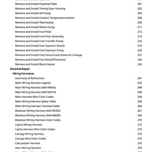 May include: A detailed table of contents from a manual, listing various automotive repair procedures. Topics include engine disassembly, electrical repair, and wiring harnesses. Page numbers are listed on the right.