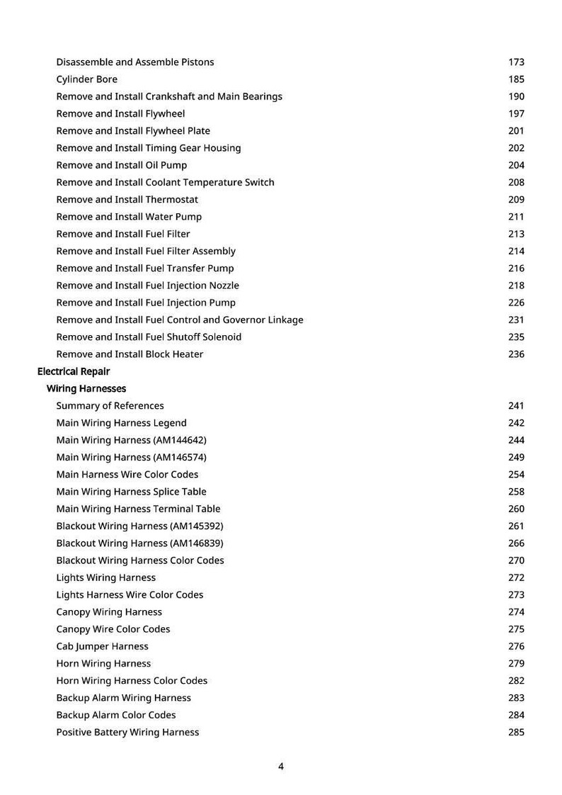 May include: A detailed table of contents from a manual, listing various automotive repair procedures. Topics include engine disassembly, electrical repair, and wiring harnesses. Page numbers are listed on the right.