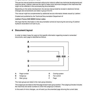 May include: A service manual page titled "Document layout" with a diagram illustrating page element identification. The diagram includes labels for page number, subgroup, main group, cooling system, fan control, and page.