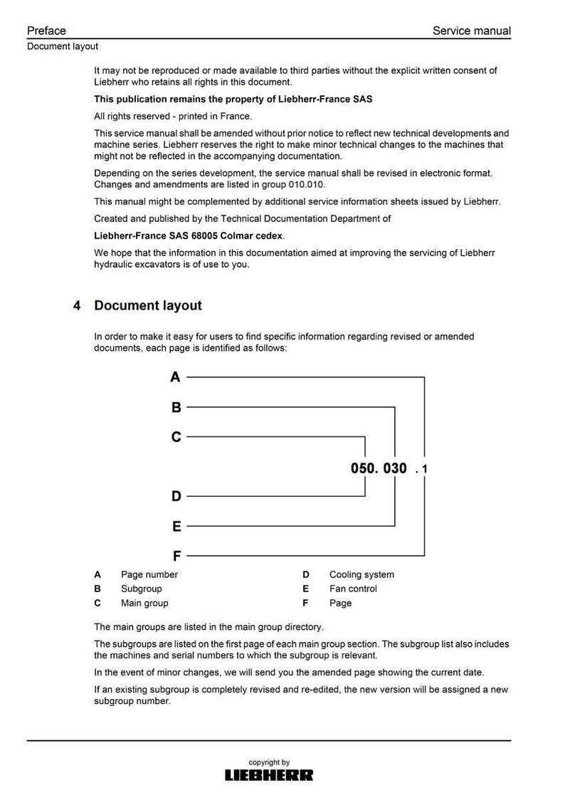 May include: A service manual page titled "Document layout" with a diagram illustrating page element identification. The diagram includes labels for page number, subgroup, main group, cooling system, fan control, and page.