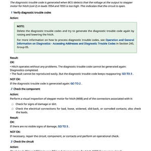 May include: A page from a manual detailing diagnostic procedures for a stepper motor used in a hitch system. The text includes troubleshooting steps, results, and references to other sections.