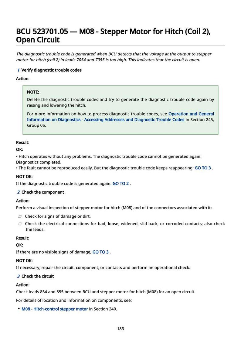 May include: A page from a manual detailing diagnostic procedures for a stepper motor used in a hitch system. The text includes troubleshooting steps, results, and references to other sections.