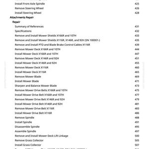 May include: A page from a repair manual with a list of lawnmower repair procedures. The text includes instructions for removing and installing various parts, such as the steering shaft, mower deck, and drive belts. The page also lists page numbers.