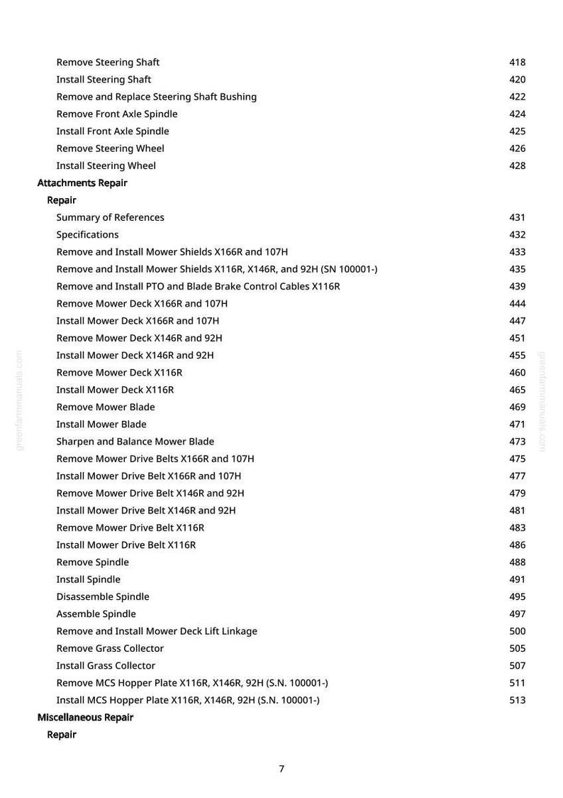 May include: A page from a repair manual with a list of lawnmower repair procedures. The text includes instructions for removing and installing various parts, such as the steering shaft, mower deck, and drive belts. The page also lists page numbers.