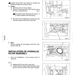 K&ouml;nnte beinhalten: Diagramm zum Aus- und Einbau einer Hydraulikfilterbaugruppe. Das Bild zeigt detaillierte Illustrationen mit Beschriftungen f&uuml;r Abdeckungen, Filter und O-Ringe. Textanweisungen sind enthalten.