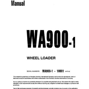 May include: A white shop manual titled "WA900-1 Wheel Loader." The cover features the text "Shop Manual" at the top, with the model number and "WHEEL LOADER" in bold, black font. The publication date is May 1997.