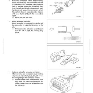 Puede incluir: Diagramas que ilustran el proceso de extracci&oacute;n e instalaci&oacute;n de conectores y mazos de cables. La imagen incluye dibujos detallados de varios tipos de conectores, con etiquetas e instrucciones para una manipulaci&oacute;n y un mantenimiento correctos. El texto incluye "SOLUCI&Oacute;N DE PROBLEMAS" y "PUNTOS A RECORDAR".