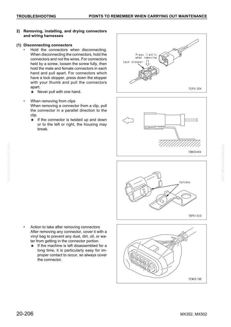 Puede incluir: Diagramas que ilustran el proceso de extracci&oacute;n e instalaci&oacute;n de conectores y mazos de cables. La imagen incluye dibujos detallados de varios tipos de conectores, con etiquetas e instrucciones para una manipulaci&oacute;n y un mantenimiento correctos. El texto incluye "SOLUCI&Oacute;N DE PROBLEMAS" y "PUNTOS A RECORDAR".