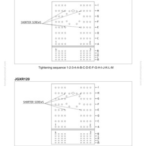 Pu&ograve; includere: Diagramma che mostra lo smontaggio e l'assemblaggio per JGXR80 e JGXR120. Il diagramma include parti etichettate, posizioni delle viti e una sequenza di serraggio. &Egrave; presente anche il testo "SHORTER SCREWS".