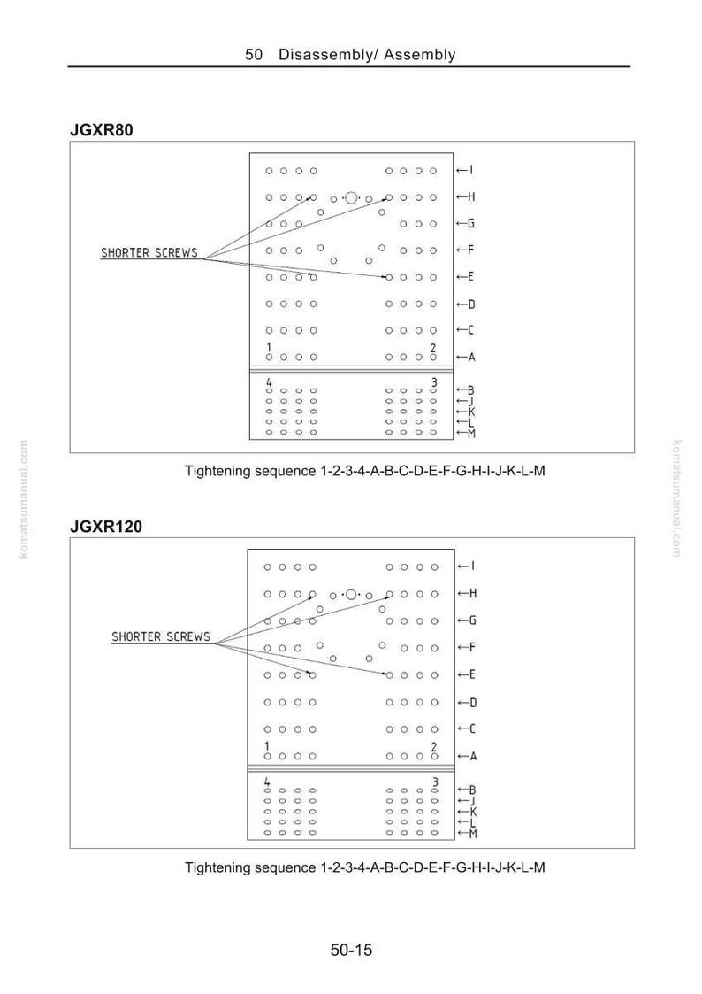 Pu&ograve; includere: Diagramma che mostra lo smontaggio e l'assemblaggio per JGXR80 e JGXR120. Il diagramma include parti etichettate, posizioni delle viti e una sequenza di serraggio. &Egrave; presente anche il testo "SHORTER SCREWS".