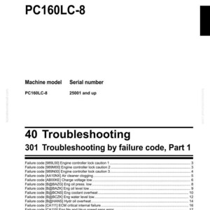 May include: Shop manual for a hydraulic excavator, PC160LC-8 model. The document includes troubleshooting information, failure codes, and a list of potential issues. The Komatsu logo is at the bottom.