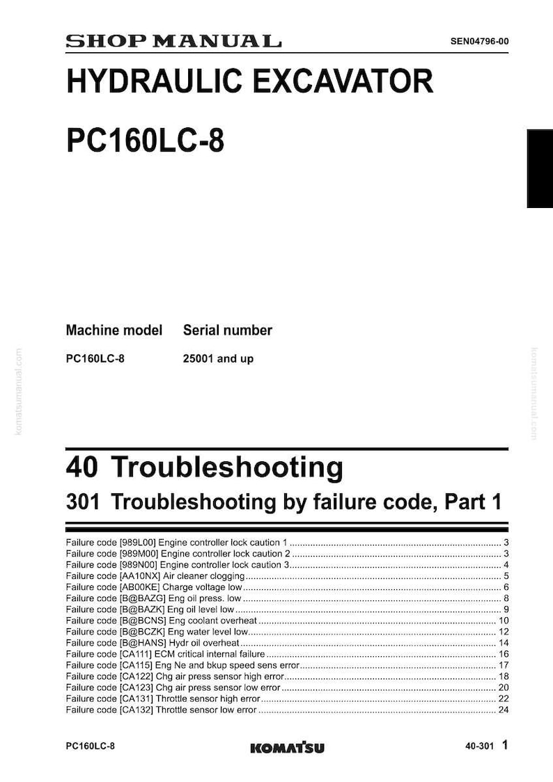 May include: Shop manual for a hydraulic excavator, PC160LC-8 model. The document includes troubleshooting information, failure codes, and a list of potential issues. The Komatsu logo is at the bottom.