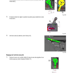 May include: Diagram with instructions for adjusting a mechanism. The illustrations show green and yellow levers, a piston, and other mechanical components. Text in French explains the steps for maximum lift and safety stop adjustments.