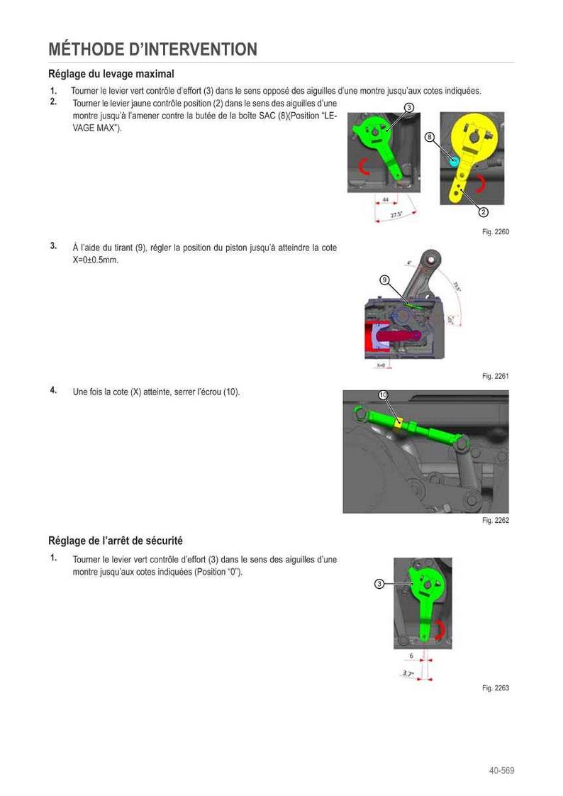 May include: Diagram with instructions for adjusting a mechanism. The illustrations show green and yellow levers, a piston, and other mechanical components. Text in French explains the steps for maximum lift and safety stop adjustments.