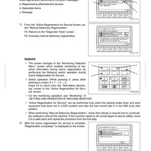 May include: Diagram of a machine monitor screen with various options and instructions. The screen displays text and icons related to regeneration processes, including options for manual stationary regeneration and diagnostic tests. The image is from a Komatsu manual.