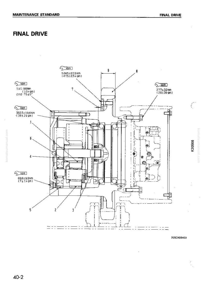 May include: Technical diagram of a final drive assembly, labeled with measurements in Nm and kgm. The diagram includes the text "MAINTENANCE STANDARD" and "FINAL DRIVE". The image is a detailed schematic with various components and numerical annotations.