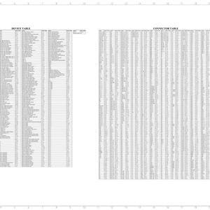 May include: A technical drawing featuring two tables, one labelled "DEVICE TABLE" and the other "CONNECTOR TABLE", both filled with rows of small text. The drawing also includes a title block with the text "ELECTRICAL SCHEMATIC".
