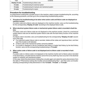 May include: A page from a troubleshooting manual with the title "Classification and procedures for troubleshooting." The document includes tables and numbered procedures for diagnosing and resolving equipment issues, with sections on failure codes and system checks.