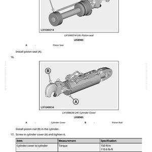 May include: Diagram of a piston seal and cylinder cover with labels. The image includes exploded views of the components and torque specifications: 150 N'm or 110.6 lb-ft. Instructions are provided for assembly.