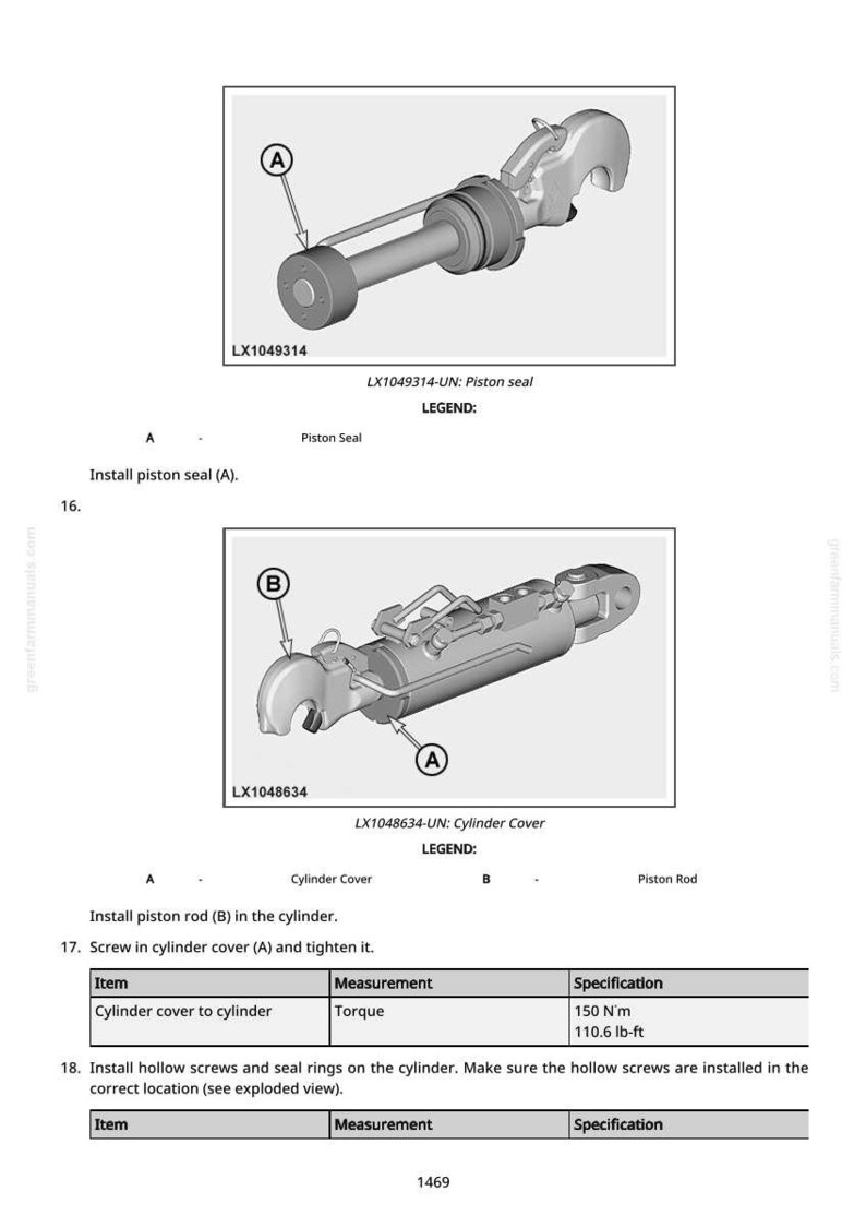 May include: Diagram of a piston seal and cylinder cover with labels. The image includes exploded views of the components and torque specifications: 150 N'm or 110.6 lb-ft. Instructions are provided for assembly.