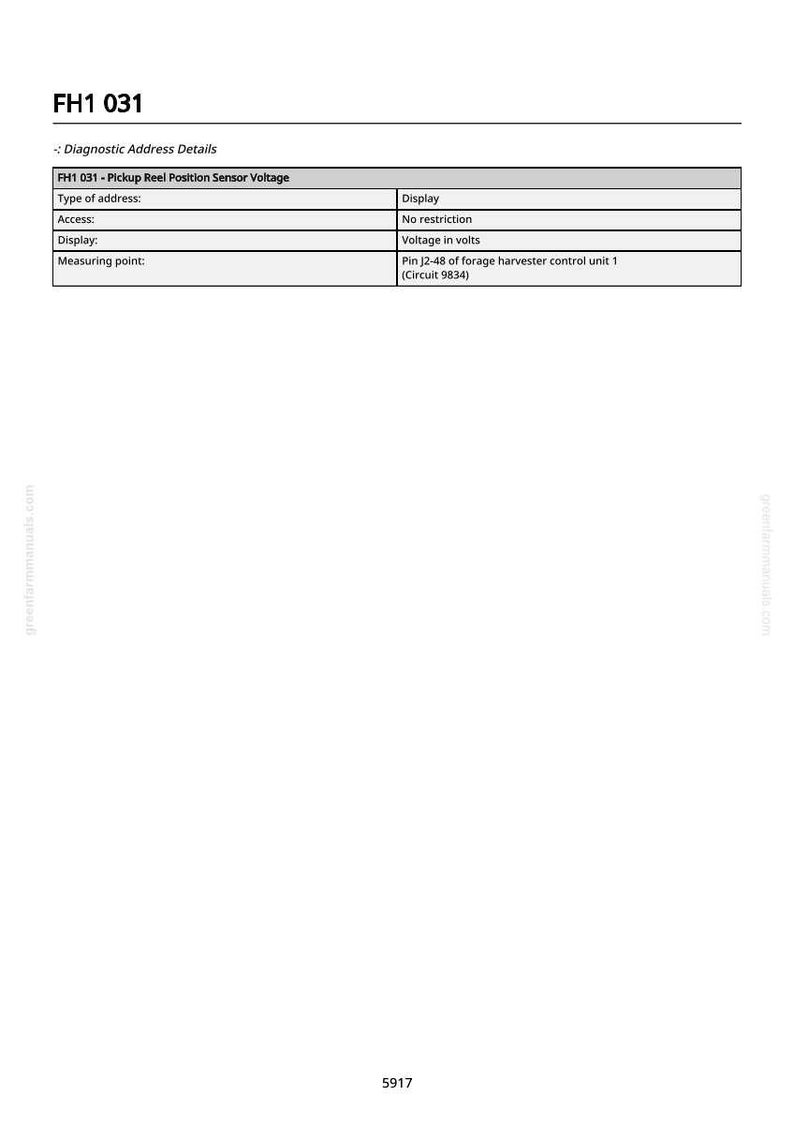 K&ouml;nnte beinhalten: Ein wei&szlig;es Dokument mit dem Titel "FH1 031" und einer Tabelle mit Details zur Diagnoseadresse. Die Tabelle enth&auml;lt Informationen zu Pickup-Rollenpositionssensorspannung, Adresstyp, Zugriff, Anzeige und Messpunkt.