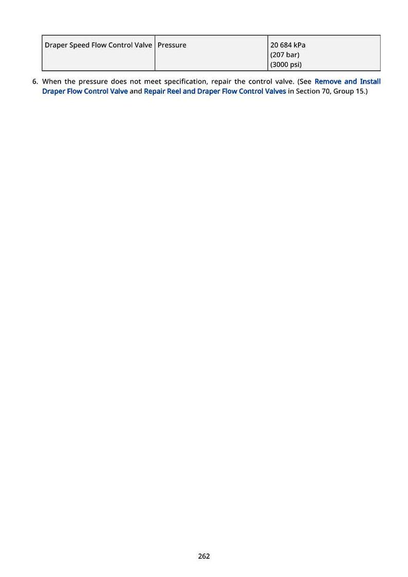 May include: Image of a technical document with a table showing pressure specifications for a Draper Speed Flow Control Valve. The pressure is listed as 20 684 kPa (207 bar) or (3000 psi). Text below the table instructs to repair the control valve if the pressure does not meet specifications.