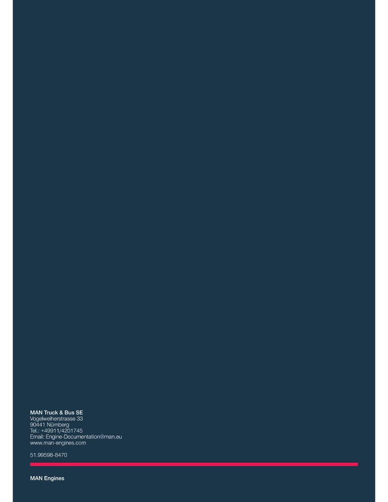 May include: A dark teal background with white text and a red line at the bottom. The text includes the company name, address, phone number, email, and website for MAN Truck & Bus SE and MAN Engines.