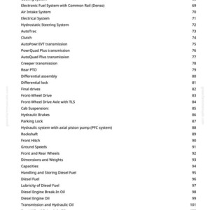 May include: A manual page detailing technical information for a vehicle. The list includes specifications for the engine, cooling system, and other mechanical parts, with page numbers alongside each item.