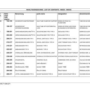 K&ouml;nnte beinhalten: Ein detailliertes Inhaltsverzeichnis in Deutsch, Englisch, Franz&ouml;sisch und Spanisch, das Teile und Bezeichnungen f&uuml;r Maschinen auflistet. Enth&auml;lt Artikelnummern, Seitenzahlen und Teilenamen. Seite 7 von 271.