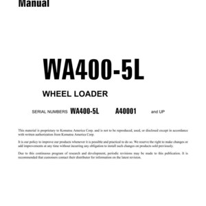 Puede incluir: Un documento blanco titulado "Shop Manual" con el texto "WA400-5L WHEEL LOADER". Incluye n&uacute;meros de serie e informaci&oacute;n de derechos de autor de Komatsu America Corp. El documento est&aacute; fechado en octubre de 2008 e impreso en EE. UU.