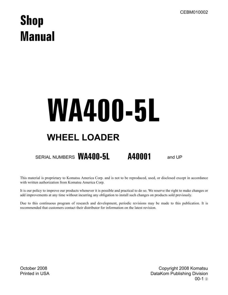 Puede incluir: Un documento blanco titulado "Shop Manual" con el texto "WA400-5L WHEEL LOADER". Incluye n&uacute;meros de serie e informaci&oacute;n de derechos de autor de Komatsu America Corp. El documento est&aacute; fechado en octubre de 2008 e impreso en EE. UU.