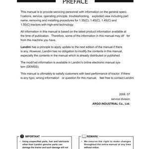 以下が含まれることがあります： 黒いテキストで「PREFACE」というタイトルの白いマニュアル。このマニュアルは、1.35(C)、1.40(C)、1.45(C)、1.50(C)モデルの手順を含む、トラクターのサービス情報を提供します。警告と注意事項が含まれています。