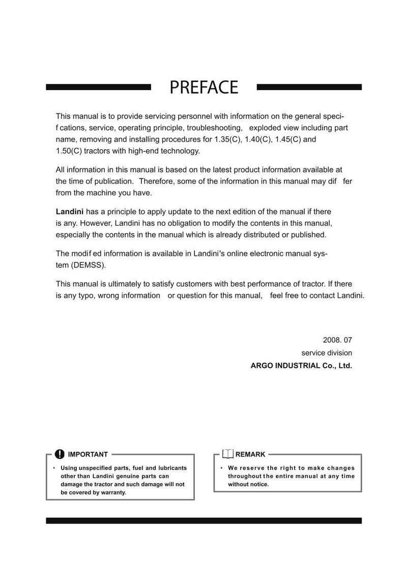 以下が含まれることがあります： 黒いテキストで「PREFACE」というタイトルの白いマニュアル。このマニュアルは、1.35(C)、1.40(C)、1.45(C)、1.50(C)モデルの手順を含む、トラクターのサービス情報を提供します。警告と注意事項が含まれています。