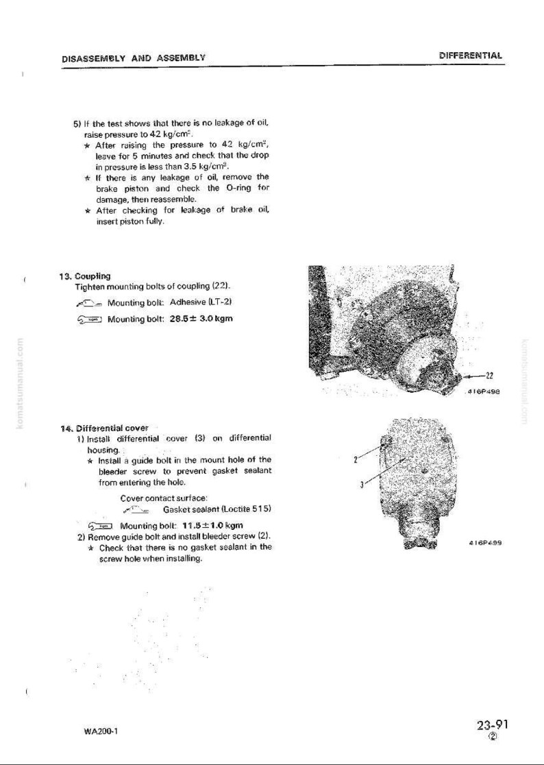 Puede incluir: Una p&aacute;gina de manual con texto y diagramas relacionados con el montaje y desmontaje del diferencial. El texto incluye instrucciones sobre pruebas de presi&oacute;n y apriete de pernos. Los diagramas muestran componentes mec&aacute;nicos.