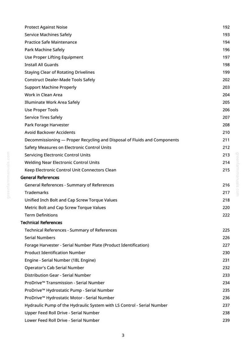 May include: A page from a manual with a list of safety and technical references. The text includes topics like "Service Machines Safely," "Install All Guards," and "Serial Numbers." The page number is 3.