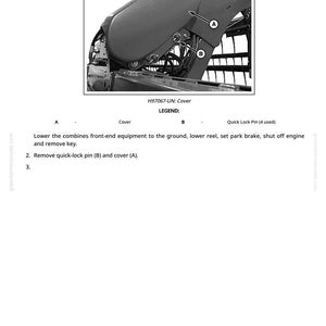 May include: Diagram of a machine component with labels A and B. The text reads "H97067-UN: Cover" and "LEGEND: A - Cover, B - Quick Lock Pin (4 used)". Instructions are provided below the diagram, including removing the quick-lock pin and cover.