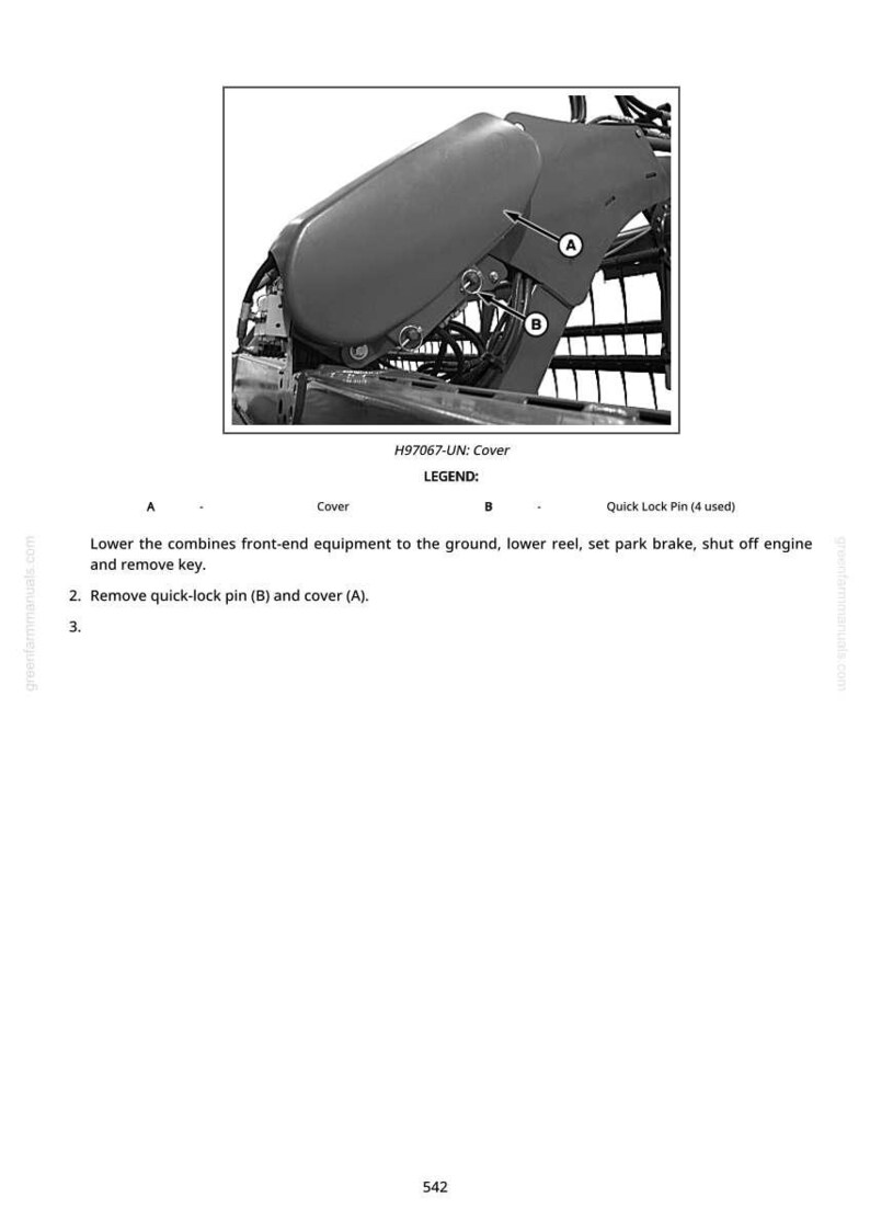 May include: Diagram of a machine component with labels A and B. The text reads "H97067-UN: Cover" and "LEGEND: A - Cover, B - Quick Lock Pin (4 used)". Instructions are provided below the diagram, including removing the quick-lock pin and cover.