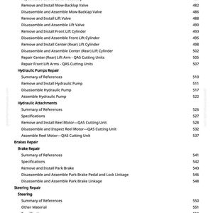 May include: A manual page detailing mechanical procedures. The text lists tasks like removing and installing hydraulic components, lift valves, and steering parts, alongside corresponding page numbers.