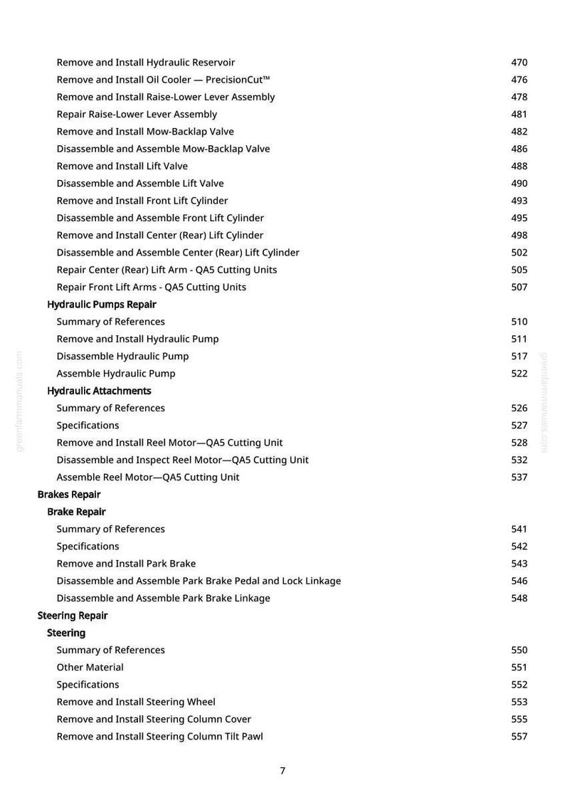 May include: A manual page detailing mechanical procedures. The text lists tasks like removing and installing hydraulic components, lift valves, and steering parts, alongside corresponding page numbers.