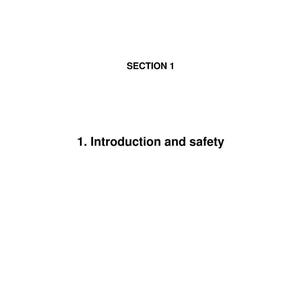 May include: A white page from a manual with the text "1. INTRODUCTION AND SAFETY" at the top and "SECTION 1" in the middle. The Massey Ferguson logo is in the top right corner. The text "1. Introduction and safety" is below "SECTION 1".