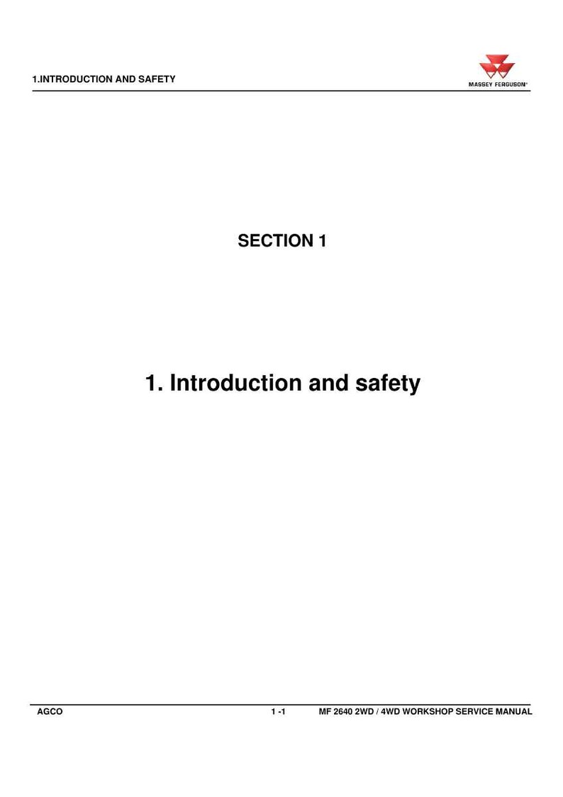 May include: A white page from a manual with the text "1. INTRODUCTION AND SAFETY" at the top and "SECTION 1" in the middle. The Massey Ferguson logo is in the top right corner. The text "1. Introduction and safety" is below "SECTION 1".