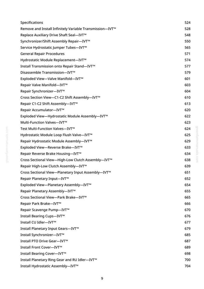 K&ouml;nnte beinhalten: Eine wei&szlig;e Seite mit einer Liste von Spezifikationen f&uuml;r ein stufenloses Getriebe (IVT). Die Liste umfasst Reparaturverfahren, Explosionsansichten und Querschnittsansichten, mit Seitenzahlen rechts.