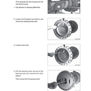 May include: Illustrated steps for disassembling an axle housing. The image shows the process of loosening screws, removing brake tubes, and removing the bearing outer ring. Text includes "Disassembly axle housing" and "Pay attention to releasing differential."
