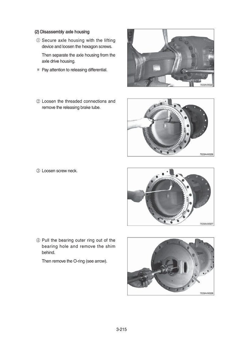 May include: Illustrated steps for disassembling an axle housing. The image shows the process of loosening screws, removing brake tubes, and removing the bearing outer ring. Text includes "Disassembly axle housing" and "Pay attention to releasing differential."