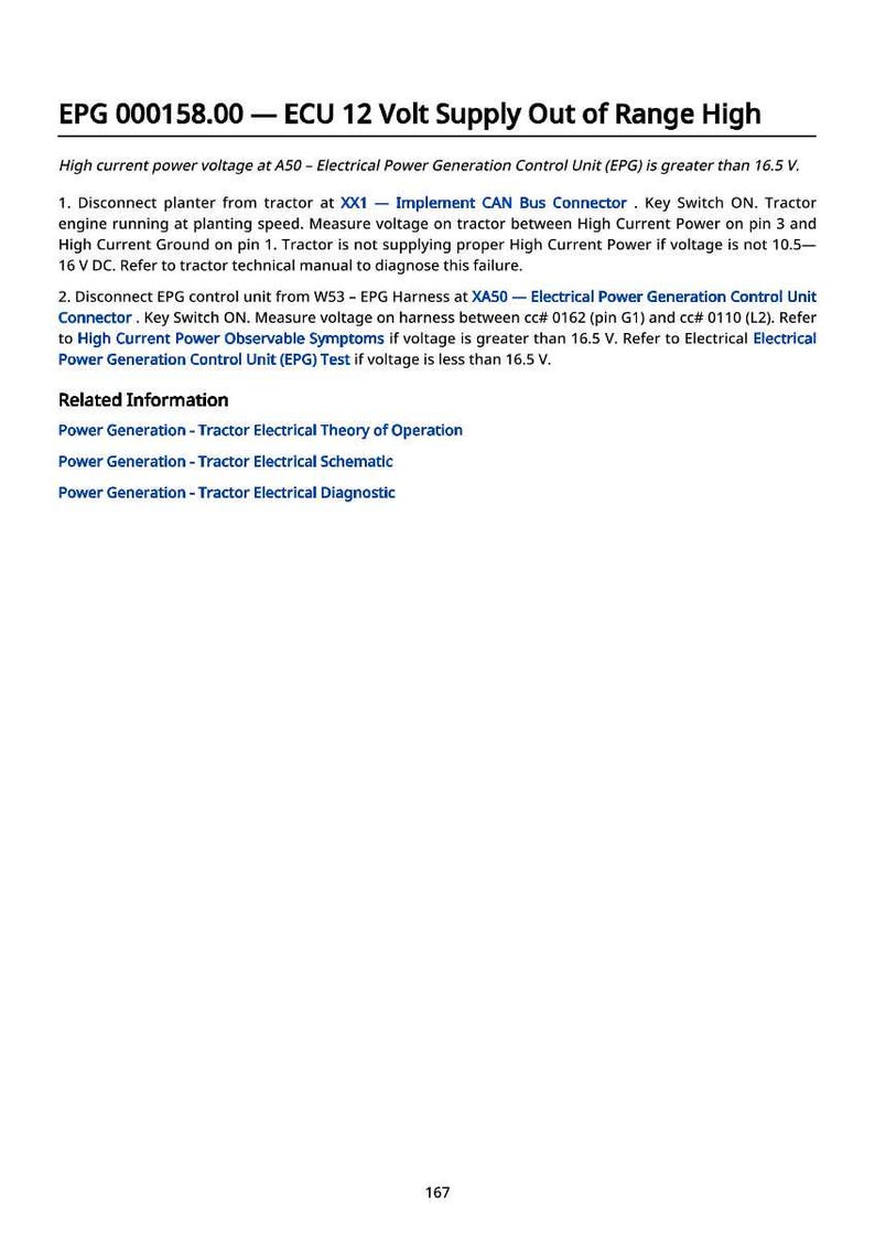 May include: A white document with black text detailing electrical diagnostics for a tractor. The text includes instructions for voltage measurements and troubleshooting steps related to the ECU and power generation.